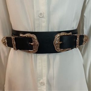 Black PU leather gold tone double buckle  elastic waistband belt